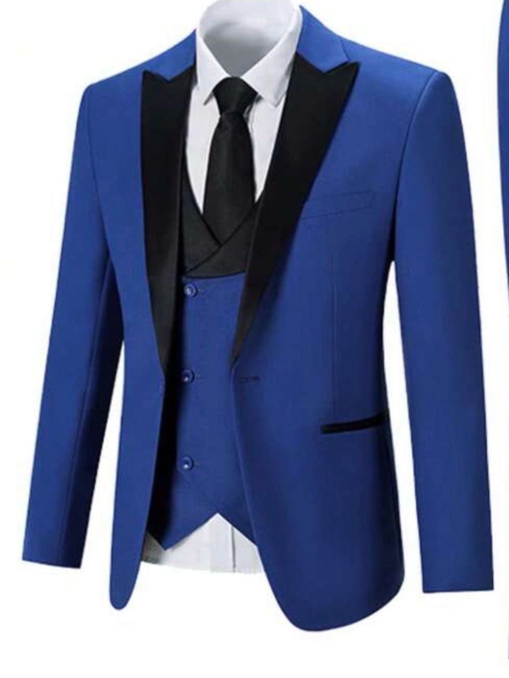 Men's Royal Blue Three-Piece Tuxedo with Black Satin Lapel